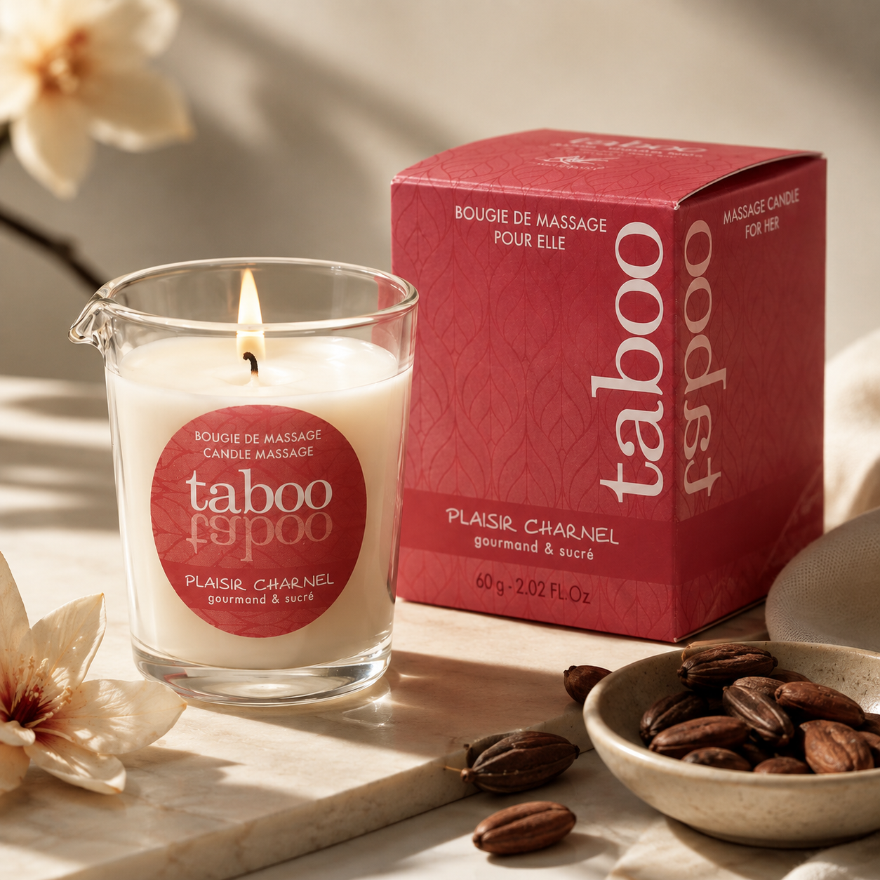 Lumânare premium pentru masaj Plaisir Charnel cu aromă de floare de cacao