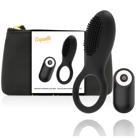 Coquette Chic Desire – inel reîncărcabil cu telecomandă, plăcere și stimulare precisă în momente intime, negru & auriu